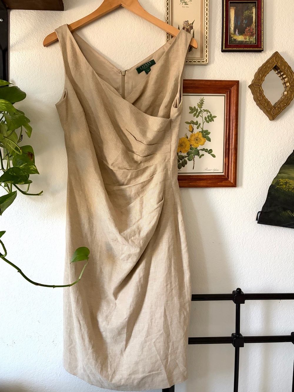 Lauren Ralph Lauren Linen Beige Herringbone Sleeveless V-neck Dress Rutched Sz 8